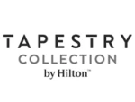 The image shows a logo for "Tapestry Collection by Hilton," featuring stylized text in a modern font, representing a hotel brand. logo on footer section.