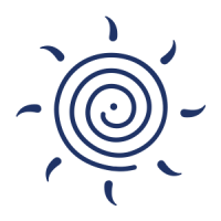 This image features a stylized sun with a spiral center and wavy rays extending outward in a deep blue color.