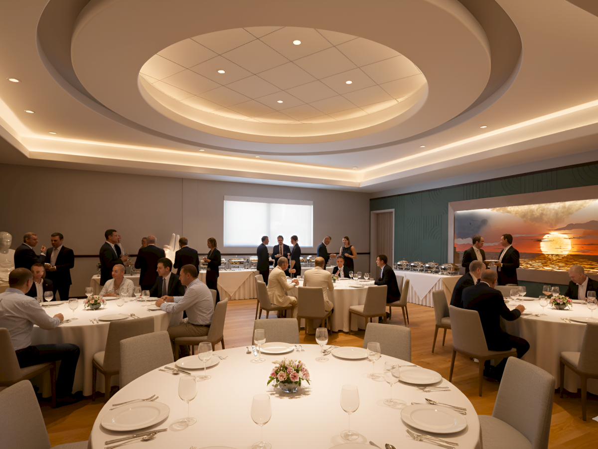 The image shows a formal event with elegantly set tables and people mingling. A large screen displays a sunset scene on the wall.