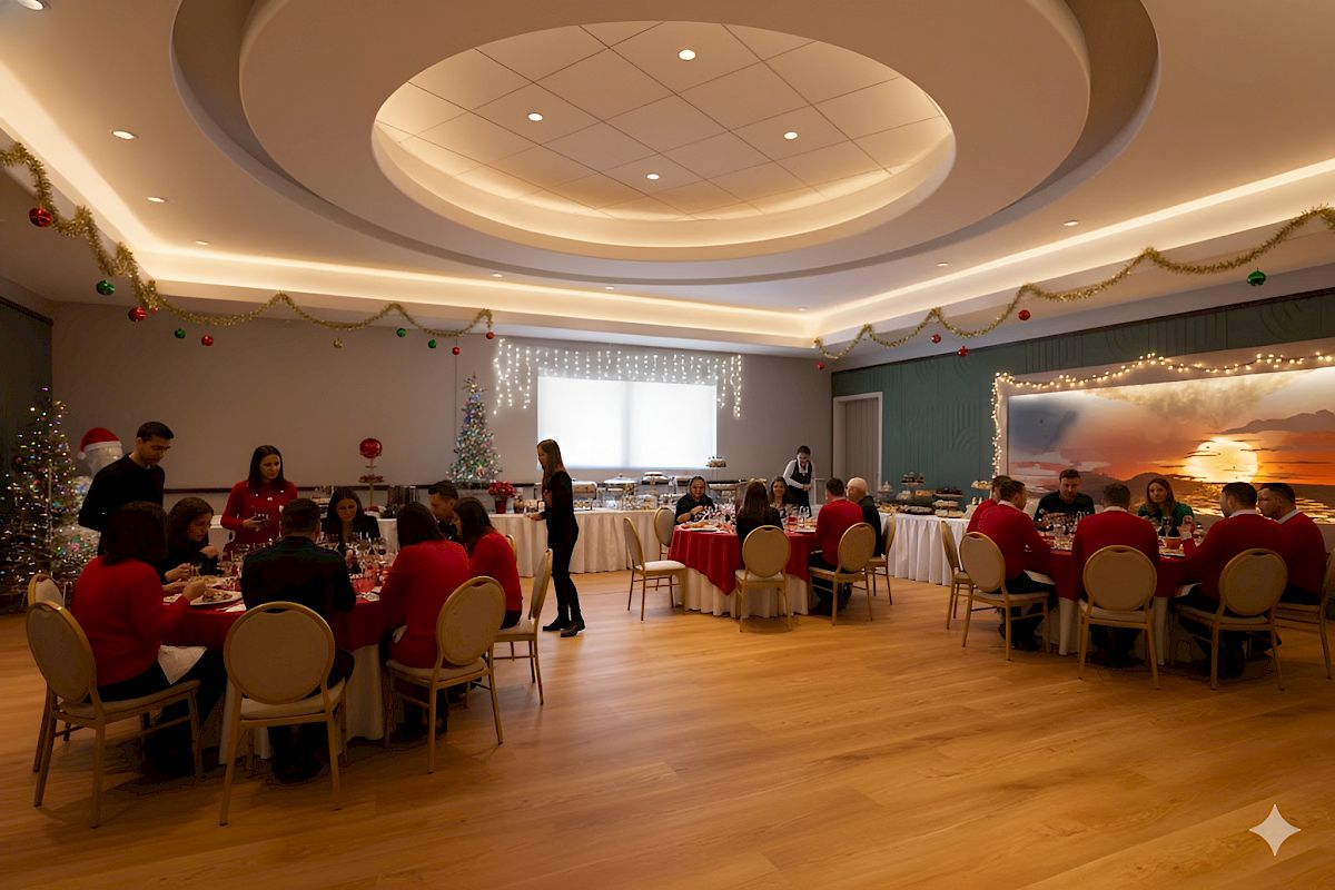 A festive gathering in a decorated room with tables, people dining, and Christmas decor like garlands and a Christmas tree.