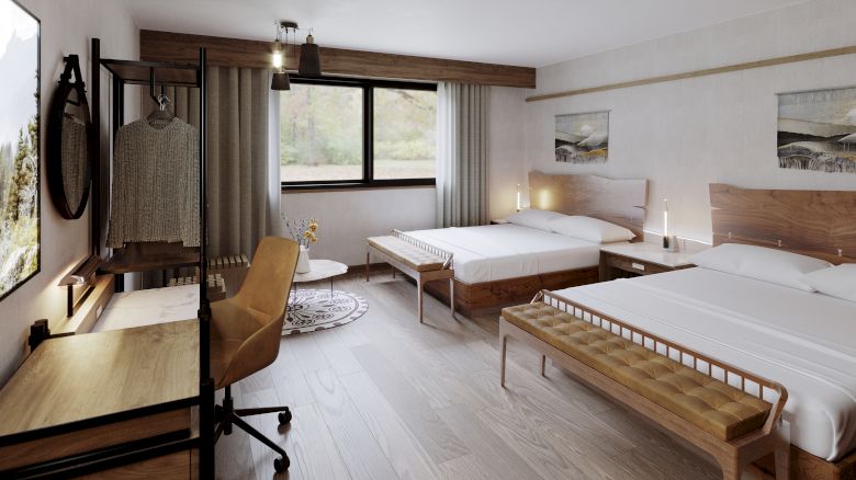 The image shows a modern hotel room with two beds, a desk with a chair, a wardrobe, a window, and minimalist decor, including landscape paintings.