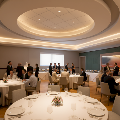 The image shows a formal dining event in a well-lit room with round tables, guests standing and sitting, and a large landscape artwork on the wall.