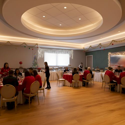 A festive gathering in a decorated room with people seated at tables, enjoying food and conversation.