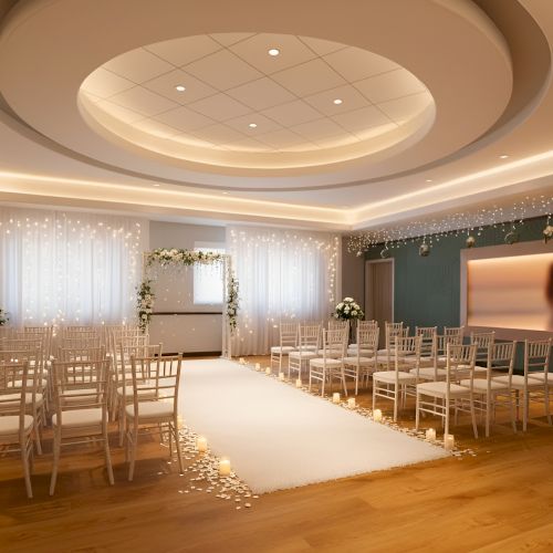 The image shows a beautifully decorated wedding ceremony room with chairs arranged and a central aisle leading to an archway.