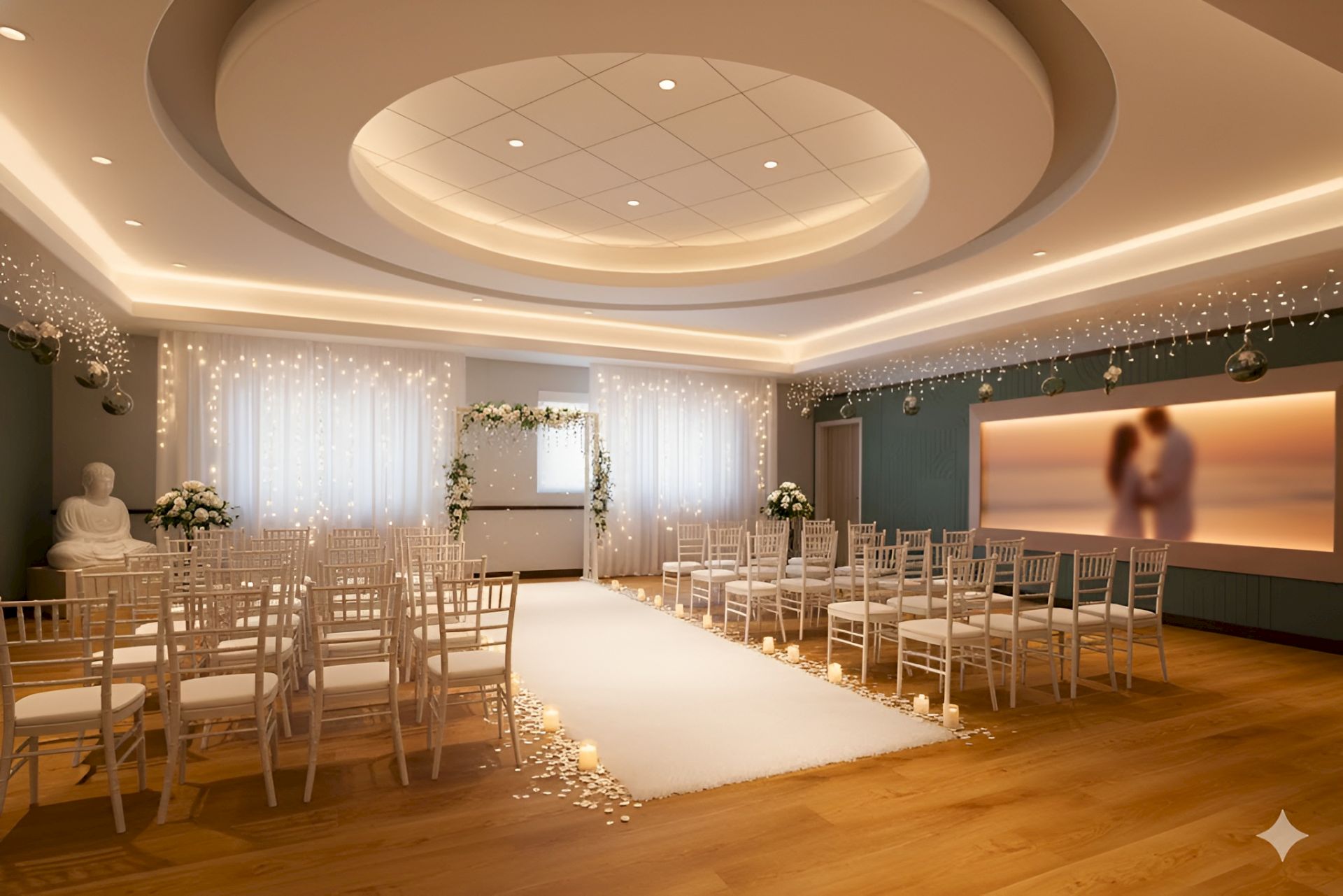 The image shows an elegantly decorated indoor venue set up for a wedding ceremony, with chairs and a central aisle adorned with flowers.