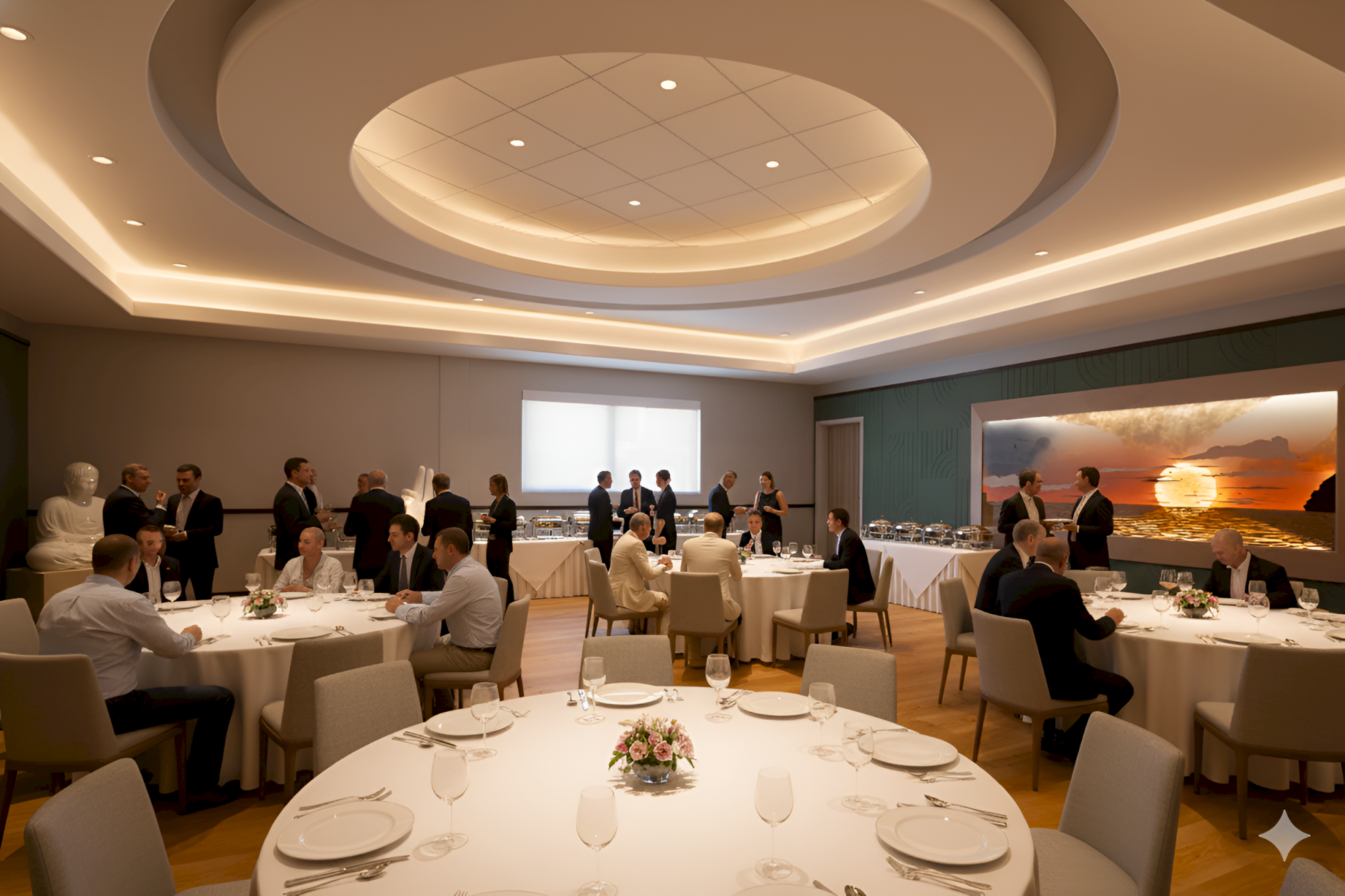 The image shows a formal dining room with elegantly set tables and people mingling, possibly at a banquet or reception event.